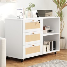 Lamerge White Filing Cabinet With Drawers &amp; Lock, Wood Printer Stand With - £111.85 GBP