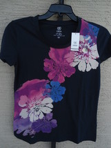 Nwt Womens Izod S/S Cotton Graphic Tee Top With Sequeens Navy Floral S - $10.88