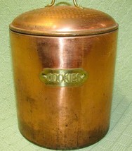 VINTAGE COPPER COOKIE JAR CANISTER PATINA WITH BRASS ACCENTS 8.5&quot; TALL 7... - £17.76 GBP