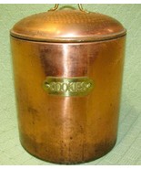 VINTAGE COPPER COOKIE JAR CANISTER PATINA WITH BRASS ACCENTS 8.5&quot; TALL 7... - £16.61 GBP