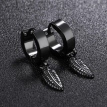Black Small Feather Drop Dangle Hoop Earrings Stainless Steel Jewelry Men Women - £7.88 GBP