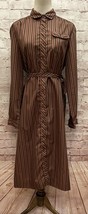 Vintage Parade Shirt Dress 14 Brown Stripe Midi Long Slv Poly 70/80s Sec... - £38.53 GBP