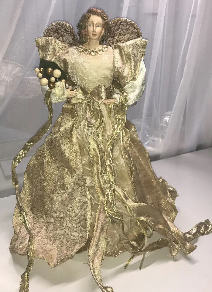 Primary image for Gold Gilded Holiday Angel Christmas Tree Topper 16” H X 12” W, Cream Gold Dress