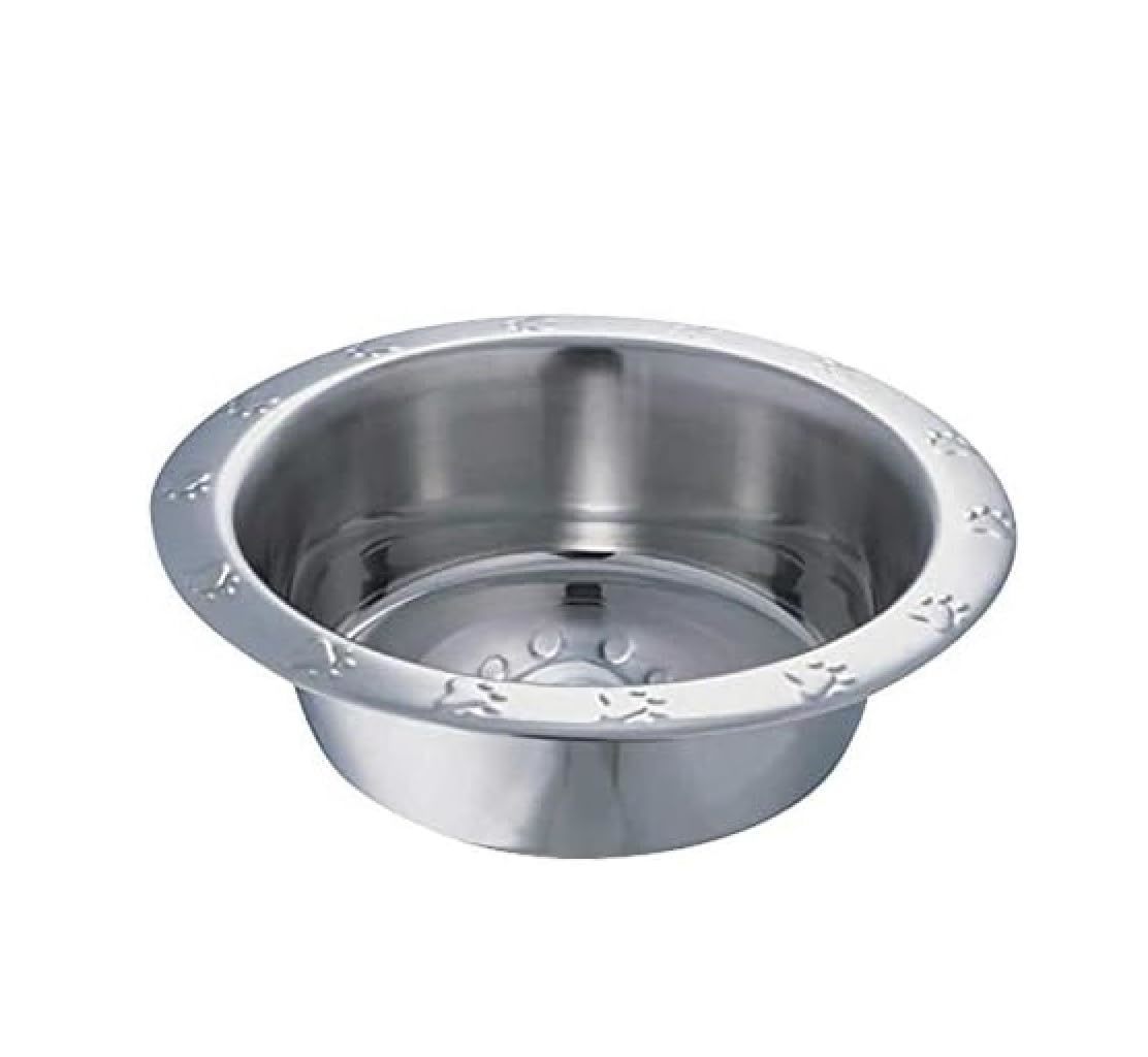 Stainless Steel Dog Bowls Pawprint Embossed Extra Wide Rim Dishes Choose Size (2