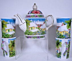 SADLER England BERMUDA ISLAND Gold Trim Tropical Porcelain Teapot &amp; 4 Te... - $85.67