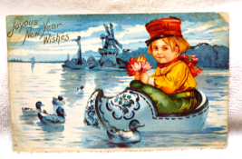 New Year Postcard Boy Inside Wooden Shoe Boat Mica Glitter Windmill Dutch Child - £22.78 GBP