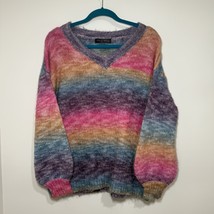 Elena Wang Fuzzy Rainbow Striped Sweater Women’s V-Neck Soft Knit Boho R... - $298.78 MXN