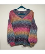 Elena Wang Fuzzy Rainbow Striped Sweater Women’s V-Neck Soft Knit Boho R... - $16.00