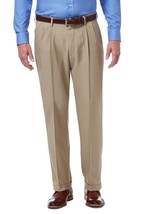 Haggar Premium Comfort Dress Pants Stretch Stria 44x32&quot; Mens Pleated Tan Classic - £27.37 GBP