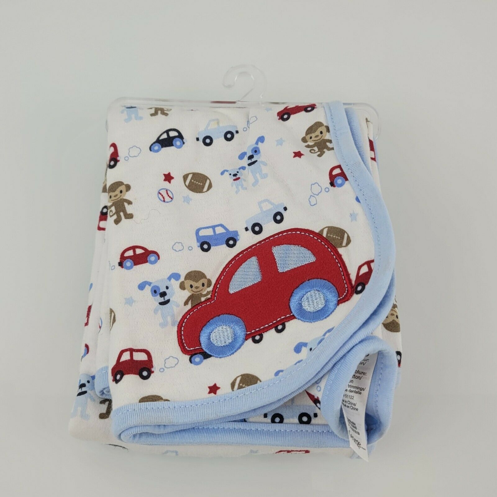 George Cotton Reversible Baby Blanket Boy Blue Red White Car Monkey Dog Sports - $49.49