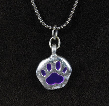 Purple Puppy Paw Print Pendant Pooch Vintage Necklace Dog Charm Silvertone 18&quot; - £11.68 GBP