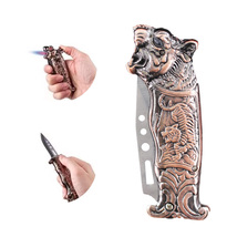 Tiger Pattern Vintage Butane Lighter with Clasp Folding Knife Tool (sans... - $18.88
