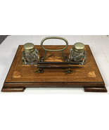 Antique Double Ink Well, Pen &amp; Pen Holder, Beautiful Inlaid Wood circa 1870 - $325.00