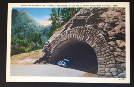 Great Smoky Mountains National Park Highway Tunnel Vtg Linen PC Old Car N908 - £10.93 GBP