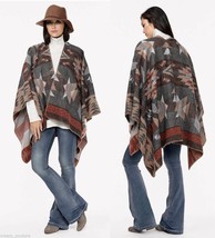 NWT LOVE STITCH Sorrell Tribal Print Poncho Open Sweater Brown Neutral One Size - £60.09 GBP