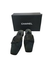 Vintage Chanel 90s Denim Leather Cc Logo Mule Heels Square Toe Sz 40 Box - £268.77 GBP