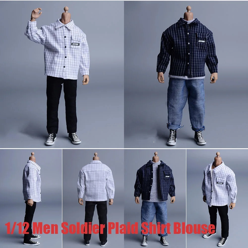 1/12 Men Soldier Shirt Long Sleeve Plaid Shirt Blouse Classic Programmer... - $21.22