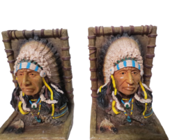 Heavy Native American Indian Chief Set Of 2 Ceramic Bookends 7&quot;T x 5&quot;W - £23.55 GBP