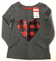Cat &amp; Jack Girls Gray Sequin Buffalo Check Heart Long Sleeve T-Shirt Siz... - £9.59 GBP