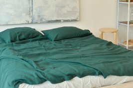 Washed Linen Dark Green Duvet Cover With two Pillowcases Twin Full King Queen - £27.21 GBP+
