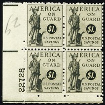 PS14, Mint NH $1 Plate Block of Postal Savings Stamps CV $75 - Stuart Katz - $29.95
