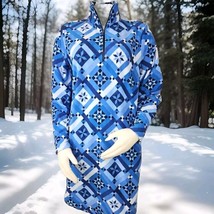 Lands End Blue Fleece Dress Sz M 10 12 Quilt Print 1/4 Zip Long Sleeve P... - $22.06