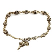 Christian Religious Rose Link Bracelet Costume Jewelry Crucifix Virgin Mary 7.5&quot; - £7.94 GBP