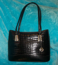 Vintage BRIGHTON Black Leather Shoulder Bag-Embossed Croco-Braided Straps-POCKET - $38.00