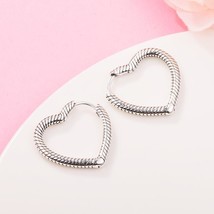 S925 Sterling Silver Moments Heart Charm Hoop Earrings for Women Fine Jewelry  - $18.60