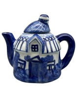 Bombay Company Blue &amp; White Cottage Teapot 5&quot; x 6&quot; Little House Pitcher Vtg - $355.97 MXN