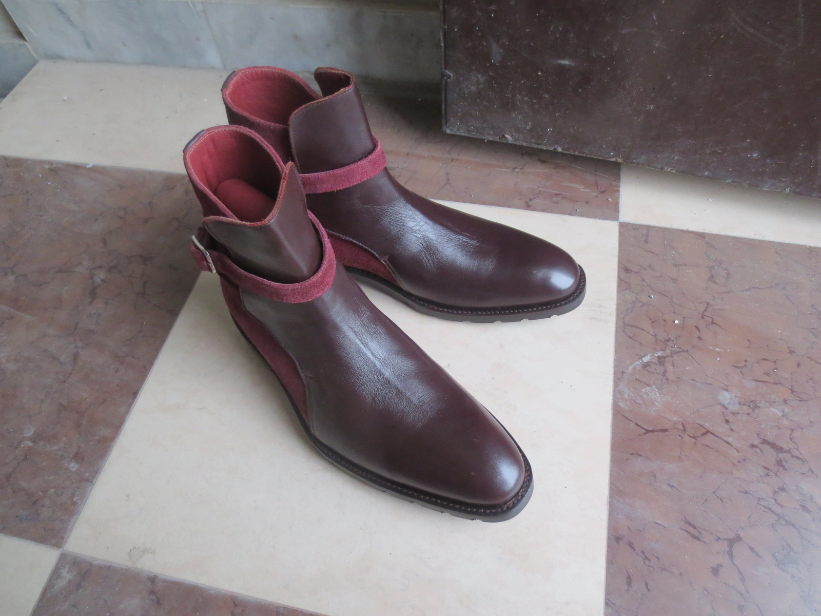 NEW Handmade Men Brown Burgundy Suede Leather Buckle Boot, Men Jodhpurs Fashion