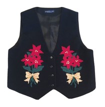 Eagles Eye Womens XL Black Wool Vest Needlepoint Red Pointesetia Holiday Xmas - £42.26 GBP