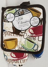 2Pc Printed Kitchen Set:1 Jumbo Pot Holder &amp; 1 Oven Mitt Colorful Coffee Cups Bh - £15.97 GBP
