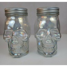 Set of 2 Glass Iridescent &amp; Smoke Skull Sipper Jars With Lids - £15.33 GBP