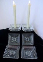 LOT/6 Manhattan Glass Anchor Hocking Clear Square Ribbed Candle Holders MCM Deco - £18.56 GBP