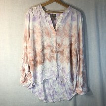 Chico&#39;s Size 3 White Pink Purple Split Neck Shirt Knit Sleeves Hi Low Hem - £19.38 GBP