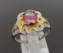 925 Silver - Vintage Two Tone Garnet &amp; Topaz Floral Swirl Ring Sz 10 - R... - €29,18 EUR