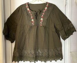 Women's Short Sleeve Shirt Army Green Vintage Lace Patchwork 4X Large New - $12.64