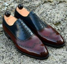 New Handmade Men&#39;s Genuine Two Tone Leather Oxford Lace Up Wingtip Dress Shoes - £101.67 GBP+