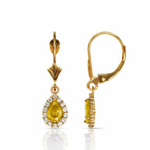 14K Yellow Gold 2.25 CT Halo Citrine Pear Tear Drop Dangle Lever Back Earrings - £131.39 GBP