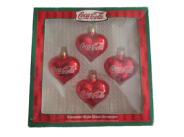 Coca-Cola Brand 1999 Kurt Adler Christmas Holiday Ornaments Set Of 4 Red Hearts - £18.98 GBP