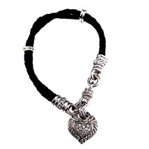 Judith Ripka .925 Sterling Silver Black Braided Leather Bracelet w/ Heart Charm - £78.76 GBP