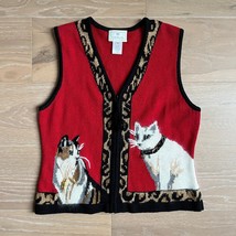 Vintage Susan Bristol Hand Embroidered Cat Kittens Red Leopard Vest - £50.26 GBP