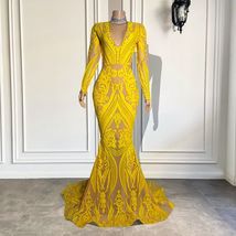 Yellow Prom Dresses Long Sleeve V Neck Classic Sequin Applique Formal Gown Women - £159.07 GBP