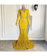 Yellow Prom Dresses Long Sleeve V Neck Classic Sequin Applique Formal Go... - £157.70 GBP