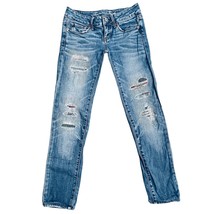 AEO Stretch Medium Wash Distressed Patchwork Blue Skinny Jeans Size 0 - £18.19 GBP