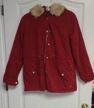 Forever 21 Coat Faux Fur Collar Button Zip Pocket Hood Maroon Women&#39;s Medium - £18.01 GBP