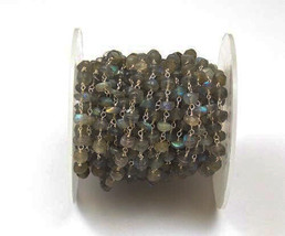 3.5mm Natural Labradorite 925 Sterling Silver Wire Wrape Rosary Bead Chain -Feet - £18.47 GBP+