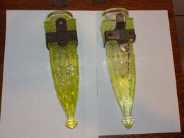 Vintage Pair of Uranium Glass Car Vases with Metal Straps - $495.00