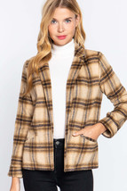 Taupe Brown Plaid Notched Lapel Blazer Jacket - $34.22 CAD